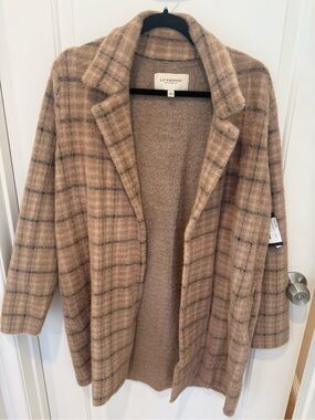 Liverpool Tan Plaid Open-Front Coatigan.